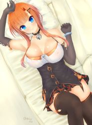 Rule 34 | 1girl, armpits, artist name, azur lane, bare shoulders, beagle, bell, black gloves, black thighhighs, blue eyes, blunt bangs, breasts, cleavage, closed mouth, collar, covered erect nipples, elbow gloves, foxhound (azur lane), foxhound (retrofit) (azur lane), gloves, hair ornament, hairclip, halterneck, highres, jingle bell, large breasts, looking at viewer, lying, mattress, miniskirt, miss non, neck bell, on back, orange hair, pleated skirt, short hair with long locks, sidelocks, skirt, smile, solo, thighhighs, underbust