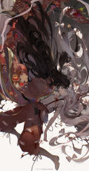 Rule 34 | 2girls, artist name, bare arms, black hair, blood, boots, bow, chain, closed eyes, commentary request, copyright name, cross-laced footwear, floral print, fujiwara no mokou, hair bow, highres, houraisan kaguya, imminent kiss, japanese clothes, kawacy, kimono, lace-up boots, long hair, long sleeves, multiple girls, ofuda, pants, shirt, silver hair, string, string of fate, suspenders, torn clothes, torn shirt, touhou, underwater, very long hair, white background, white bow, white shirt, wide sleeves, yuri