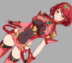 Rule 34 | aegis sword (xenoblade), black gloves, breasts, chest jewel, earrings, fingerless gloves, gloves, jewelry, large breasts, pyra (xenoblade), red eyes, red hair, red shorts, red thighhighs, samu poteto, short hair, short shorts, shorts, solo, swept bangs, sword, thighhighs, tiara, weapon, xenoblade chronicles (series), xenoblade chronicles 2