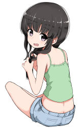 Rule 34 | 1girl, :d, absurdres, alternate costume, black hair, blush, braid, butt crack, camisole, closed mouth, commentary request, denim, denim shorts, from behind, hair over shoulder, highres, kantai collection, kitakami (kancolle), long hair, looking at viewer, looking back, okitsugu, open mouth, purple eyes, revision, short shorts, shorts, simple background, single braid, sitting, smile, solo, white background