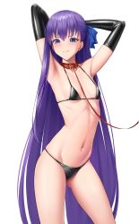 Rule 34 | 1girl, absurdres, armpits, arms behind head, arms up, bad id, bad pixiv id, bare shoulders, bikini, black bikini, black gloves, blue eyes, blue ribbon, blush, breasts, collar, collarbone, elbow gloves, fate/extra, fate/extra ccc, fate (series), gloves, hair ribbon, highres, laan (0110), leash, long hair, looking at viewer, meltryllis (fate), navel, purple hair, ribbon, simple background, small breasts, smile, solo, swimsuit, thighs, very long hair, white background