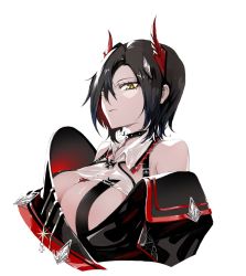 Rule 34 | 1girl, azur lane, bare shoulders, black choker, black hair, black jacket, breast strap, breasts, choker, cross, hair ornament, highres, horns, iron cross, jacket, large breasts, looking at viewer, mechanical horns, multicolored hair, red horns, short hair, simple background, solo, streaked hair, two-tone hair, ulrich von hutten (azur lane), upper body, white background, white hair, yellow eyes, yuan (3442)
