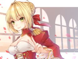 Rule 34 | 1girl, ahoge, blonde hair, breasts, cleavage, closed mouth, epaulettes, fate/extra, fate (series), green eyes, hair ribbon, long sleeves, looking at viewer, medium breasts, nero claudius (fate), nero claudius (fate) (all), nero claudius (fate/extra), petals, red ribbon, ribbon, ripu (sherypton), short hair, smile, solo, upper body, v