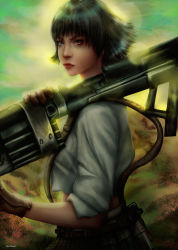 Rule 34 | 1girl, black hair, blurry, chromatic aberration, collar, depth of field, devil may cry (series), devil may cry 3, gloves, gun, heterochromia, holster, lady (devil may cry), lips, short hair, shoulder holster, solo, weapon