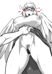 Rule 34 | 1girl, assisted exposure, blood, bloody tears, blush, breasts, censored, cleft of venus, clothes lift, commentary request, covered erect nipples, feathered wings, feathers, female pubic hair, futaba channel, greyscale, harpy, highres, impossible clothes, large breasts, lifting another&#039;s clothes, monochrome, monster girl, nijiura maids, open mouth, owl girl, pubic hair, pussy, scribble censor, simple background, skirt, skirt lift, sorahachi midoro, spot color, teeth, upper teeth only, winged arms, wings, yabai