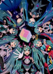 Rule 34 | 6+girls, :d, :o, aqua eyes, aqua hair, black background, cable, circle formation, closed eyes, cube, foreshortening, hand up, hands on own chest, hat, hatsune miku, long hair, looking at viewer, macha 3939, magical mirai (vocaloid), magical mirai miku, magical mirai miku (2013), magical mirai miku (2014), magical mirai miku (2015), magical mirai miku (2016), magical mirai miku (2017), magical mirai miku (2018), magical mirai miku (2019), mini hat, mini top hat, multiple girls, one eye closed, open mouth, own hands clasped, own hands together, smile, star (sky), star (symbol), top hat, twintails, v, very long hair, vocaloid