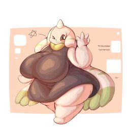 Rule 34 | 1girl, breasts, digimon, digimon (creature), fat, female focus, highres, huge breasts, looking at viewer, one eye closed, plump, solo, terriermon, wink
