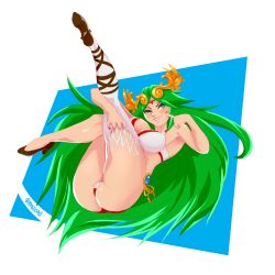 Rule 34 | 1girl, absurdres, ass, bare arms, bare shoulders, between legs, blush, breasts, cheek poking, crown, eyes visible through hair, finger to cheek, green hair, high heels, highres, kid icarus, legs together, legs up, lingerie, long hair, looking at viewer, macodace, nail polish, nintendo, palutena, poking, pussy, self-upload, simple background, single thighhigh, smile, solo, super smash bros., thick thighs, thigh gap, thighhighs, thighs, underwear, very long hair, white thighhighs