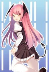 Rule 34 | 1girl, bad id, bad pixiv id, black footwear, black skirt, black vest, blush, demon tail, eyebrows, frilled skirt, frills, head wings, koakuma, long hair, long sleeves, looking at viewer, looking back, oimo (imoyoukan), orange eyes, puffy long sleeves, puffy sleeves, red hair, shoe soles, shoes, skirt, skirt set, solo, tail, thighhighs, thighs, touhou, vest, white thighhighs, wings