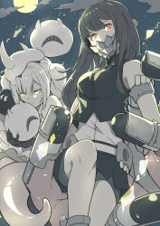 Rule 34 | 2girls, abyssal nimbus princess, abyssal ship, bike shorts, black hair, braid, breasts, closed mouth, cloud, colored skin, fake horns, grey skin, hat, holding, horned headwear, horns, kantai collection, long hair, looking at viewer, mask, medium breasts, moon, mouth mask, multiple girls, night, ninimo nimo, orange eyes, outdoors, outer southern sea destroyer princess, pale skin, sharp teeth, shirt, shorts, shorts under skirt, skeletal hand, skirt, sky, sleeveless, sleeveless shirt, teeth, torpedo, twin braids, white hair, white headwear, yellow eyes