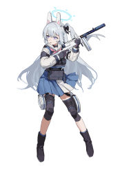 Rule 34 | 1girl, absurdres, animal ears, black footwear, black gloves, black undershirt, blue archive, blue serafuku, blue skirt, boots, bow, commentary request, earpiece, elbow pads, fake animal ears, full body, gloves, gun, hair bow, halo, highres, kiroly, knee pads, long hair, looking to the side, miyako (blue archive), neckerchief, one side up, parted lips, pink gloves, pink neckerchief, bulletproof vest, pouch, purple eyes, rabbit ears, sailor collar, school uniform, serafuku, simple background, skirt, solo, standing, submachine gun, suomi kp/-31, two-tone gloves, two-tone skirt, weapon, white background, white sailor collar, white skirt