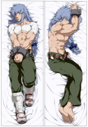 Rule 34 | 00s, 1boy, abs, armor, artist request, barefoot, belt, blue hair, bow, crop top, cuffs, dakimakura (medium), greaves, hair bow, long hair, low-tied long hair, manly, multiple views, muscular, open belt, pectorals, regal bryan, shackles, tales of (series), tales of symphonia, toes, topless male