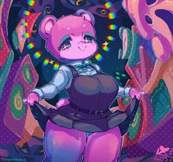 Rule 34 | + +, 1girl, animal crossing, animal ears, bear ears, bear girl, breasts, closed mouth, clothes lift, collared shirt, commentary, curvy, dress, dress lift, dress shirt, english commentary, furry, furry female, grey dress, highres, judy (animal crossing), large breasts, lifted by self, long sleeves, looking at viewer, nintendo, panties, panty peek, pinafore dress, pink fur, school uniform, shirt, sleeveless, sleeveless dress, solo, starmilk, thick thighs, thighs, twitter username, underwear, white shirt