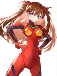 Rule 34 | 1girl, absurdres, artist request, blue eyes, bodysuit, breasts, brown hair, floating hair, hair between eyes, hands on own hips, highres, interface headset, legs apart, lips, long hair, looking to the side, medium breasts, neon genesis evangelion, pilot suit, plugsuit, red bodysuit, red headwear, shiny clothes, simple background, smile, solo, souryuu asuka langley, standing, twintails, two side up, very long hair