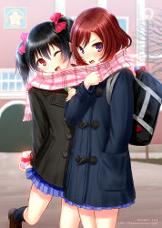Rule 34 | 10s, 2girls, ;d, bag, black hair, blush, bow, coat, hair bow, hand in pocket, heart, kazuharu kina, kneehighs, loafers, looking at viewer, love live!, love live! school idol project, md5 mismatch, multiple girls, nishikino maki, one eye closed, open mouth, plaid, plaid scarf, purple eyes, scarf, school bag, school uniform, shared clothes, shared scarf, shoes, short hair, skirt, smile, socks, twintails, valentine, wavy mouth, wink, yazawa nico, yuri