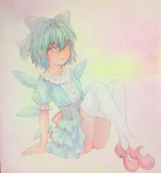 Rule 34 | 1girl, acrylic paint (medium), adapted costume, alternate costume, arm support, blue eyes, blue hair, bow, cirno, collarbone, dress, frilled dress, frills, graphite (medium), hair bow, ice, ice wings, looking at viewer, mary janes, matching hair/eyes, painting (medium), shoes, short hair, short sleeves, sitting, solo, thighhighs, touhou, traditional media, watercolor (medium), white thighhighs, wings, yuyu (00365676)