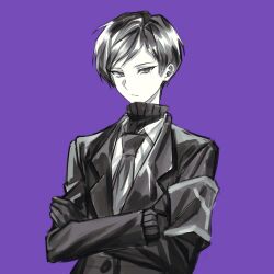 Rule 34 | 1boy, armband, closed mouth, collared shirt, commentary request, crossed arms, gloves, greyscale with colored background, highres, jacket, korean commentary, lobotomy corporation, long sleeves, male focus, necktie, nyangji, project moon, purple background, ribbed sweater, shirt, short hair, simple background, solo, sweater, turtleneck, turtleneck sweater, upper body, yesod (project moon)