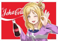 Rule 34 | 1girl, artist name, artist request, bare shoulders, blonde hair, blush, bottle, braid, breasts, brown eyes, coca-cola, collarbone, crown braid, female focus, hair rings, hand wave, highres, holding, holding bottle, jan azure, looking at viewer, love live!, love live! school idol festival, love live! sunshine!!, official art, ohara mari, one eye closed, parted lips, pink shirt, red background, shirt, short hair, small breasts, smile, soda bottle, solo, undershirt, yellow eyes