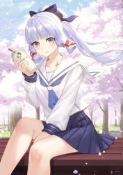 Rule 34 | 1girl, alternate costume, ayaka (genshin impact), blue bow, blue eyes, blue neckerchief, blue skirt, blue sky, blunt bangs, blush, bow, cherry blossoms, cloud, collarbone, contemporary, cup, day, disposable cup, drinking straw, feet out of frame, genshin impact, hair bow, hand up, highres, holding, holding cup, kamisato ayaka, kamisato ayaka (heytea), linreplica, long hair, long sleeves, looking at viewer, miniskirt, mole, mole under eye, neckerchief, pleated skirt, ponytail, sailor collar, sailor shirt, school uniform, serafuku, shirt, sitting, skirt, sky, smile, solo, tree, white hair, white sailor collar, white shirt