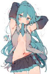 Rule 34 | 1girl, aqua eyes, aqua hair, aqua necktie, arms behind head, arms up, black skirt, black sleeves, collared shirt, cowboy shot, detached sleeves, grey shirt, hatsune miku, highres, long hair, looking at viewer, mouth hold, navel, necktie, necktie in mouth, open clothes, otintin, pleated skirt, shirt, simple background, skirt, sleeveless, sleeveless shirt, sweat, twintails, vocaloid, white background