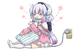 Rule 34 | 10s, 1girl, = =, capelet, commentary request, dragon girl, dragon horns, dragon tail, eating, electric plug, electrical outlet, food, hair bobbles, hair ornament, hairband, holding, horns, kanna kamui, kobayashi-san chi no maidragon, light purple hair, long hair, looking at viewer, low twintails, merushi~, pillow, popsicle, simple background, sitting, solo, tail, thighhighs, twintails, white background, white thighhighs, zettai ryouiki