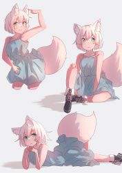 Rule 34 | 1girl, absurdres, animal ear fluff, animal ears, arm up, armpits, between legs, black footwear, blue dress, boots, closed mouth, clothes lift, collarbone, dress, dress lift, fox ears, fox girl, fox tail, green eyes, hair between eyes, hand between legs, hand on own hip, hand on own knee, head rest, highres, kotatsune, lifted by tail, looking at viewer, lying, medium dress, medium hair, multiple views, on stomach, original, simple background, sitting, smile, spaghetti strap, standing, tail, tail raised, white hair
