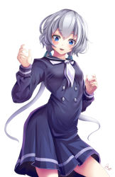 Rule 34 | 10s, 1girl, blue eyes, blush, breasts, cowboy shot, dress, highres, konno junko, long sleeves, low twintails, necktie, open mouth, sailor collar, school uniform, signature, silver hair, simple background, smile, solo, twintails, white background, yumibakama meme, zombie land saga