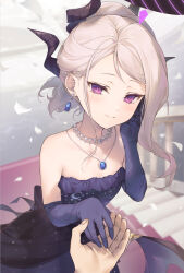 Rule 34 | 1girl, black horns, blue archive, blush, breasts, closed mouth, dangle earrings, demon horns, demon wings, dress, earrings, elbow gloves, gloves, grey hair, highres, hina (blue archive), hina (dress) (blue archive), horns, jewelry, long hair, looking at viewer, multiple horns, necklace, official alternate costume, official alternate hairstyle, pendant, purple dress, purple eyes, purple gloves, purple wings, shiidap, small breasts, smile, solo focus, strapless, strapless dress, wings