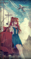 Rule 34 | 1girl, absurdres, against vehicle, aircraft, airplane, bespectacled, bird, blue eyes, blue skirt, blurry, cable, cellphone, cloud, collared shirt, contrail, daikazoku63, depth of field, dress, dress shirt, duplicate, glasses, hair ornament, hairpods, highres, holding, holding phone, kneehighs, leaning, leaning back, long hair, long legs, looking at viewer, looking to the side, making-of available, miniskirt, motor vehicle, mountain, neck ribbon, neon genesis evangelion, on the phone, orange hair, outdoors, phone, pinafore dress, power lines, red-framed eyewear, red ribbon, ribbon, road, scooter, shirt, short sleeves, skirt, sky, sleeveless, sleeveless dress, smartphone, socks, solo, souryuu asuka langley, standing, tree, utility pole, vehicle, vehicle focus, vespa, watch, white shirt, white socks, wristwatch