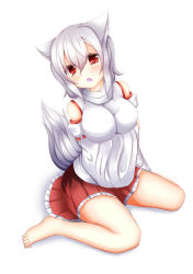 Rule 34 | 1girl, absurdres, animal ears, bare shoulders, blush, breast hold, breasts, detached sleeves, fang, highres, inubashiri momiji, large breasts, looking at viewer, oohirakeisuke, open mouth, pom pom (clothes), short hair, simple background, sitting, solo, tail, touhou, wariza, white background, wolf ears, wolf tail