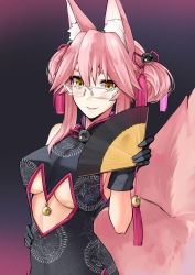 Rule 34 | 1girl, animal ear fluff, animal ears, bell, black dress, black gloves, blush, breasts, center opening, china dress, chinese clothes, cliov, double bun, dress, fate/grand order, fate (series), folding fan, fox ears, fox girl, fox tail, glasses, gloves, hair between eyes, hair bun, hand fan, highres, jingle bell, koyanskaya (chinese lostbelt outfit) (fate), koyanskaya (fate), large breasts, long hair, looking at viewer, pink hair, side slit, sidelocks, sleeveless, sleeveless dress, smile, solo, tail, tamamo (fate), tassel, underboob, yellow eyes
