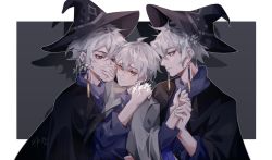 Rule 34 | 3boys, absurdres, aiecy, dark persona, dual persona, grateful shell collector, grey hair, highres, looking at viewer, male focus, male harem, mischief witch, multiple boys, short hair, sky: children of the light, white hair