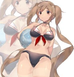 Rule 34 | 10s, 1girl, adapted costume, arm behind back, arms behind back, ball, bare arms, bare legs, bare shoulders, beachball, bikini, black bikini, blush, breasts, brown eyes, brown hair, choker, cowboy shot, from below, front-tie top, heigani, kantai collection, large breasts, light brown hair, long hair, looking at viewer, looking down, murasame (kancolle), solo, swimsuit, twintails, very long hair, zoom layer