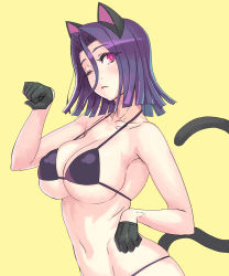 Rule 34 | 10s, 1girl, animal ears, bikini, breasts, cat ears, cat tail, gloves, kantai collection, large breasts, navel, one eye closed, paw pose, purple eyes, purple hair, short hair, simple background, solo, swimsuit, tail, tatsuta (kancolle), upper body, yellow background, yuuji (and)