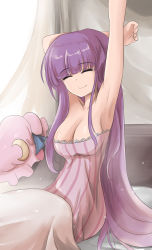 Rule 34 | 1girl, armpits, arms up, breasts, cleavage, closed eyes, closed mouth, commentary request, crescent, crescent hair ornament, hair ornament, hat, highres, medium breasts, mob cap, namiki (remiter00), pajamas, patchouli knowledge, purple hair, shiny skin, smile, solo, touhou, unworn hat, unworn headwear, waking up