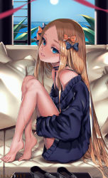 Rule 34 | 1girl, abigail williams (fate), bare shoulders, barefoot, black bow, black footwear, black sweater, blonde hair, blue eyes, blue sky, blush, bow, commentary request, couch, day, fate/grand order, fate (series), feet, forehead, hair bow, head tilt, horizon, indoors, knees up, loafers, long hair, looking at viewer, looking to the side, nail polish, ocean, off shoulder, on couch, orange bow, parted bangs, parted lips, pillow, pink nails, shoes, sitting, sky, solo, sun, sweater, teeth, toenails, upper teeth only, very long hair, viola (seed), water