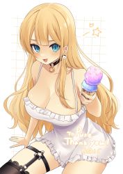 Rule 34 | 1girl, arm support, bad id, bad twitter id, bare shoulders, black choker, blonde hair, blue eyes, blush, brown thighhighs, choker, collarbone, commission, crescent, crescent choker, fingernails, food, frills, grid, grid background, highres, holding food, holding ice cream, ice cream, long hair, o-ring, o-ring choker, open mouth, original, sentouryoku 5, skeb commission, skindentation, smile, solo, star (symbol), thank you, thigh strap, thighhighs, tongue