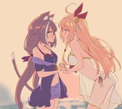 Rule 34 | 2girls, ahoge, animal ear fluff, animal ears, bikini, black bikini, black hair, blue eyes, blush, breasts, cat ears, cat tail, chocomoch, collarbone, commentary request, eye contact, green eyes, hair ribbon, hairband, highres, interlocked fingers, karyl (princess connect!), karyl (summer) (princess connect!), long hair, looking at another, low twintails, medium breasts, multicolored hair, multiple girls, orange hair, pecorine (princess connect!), pecorine (summer) (princess connect!), princess connect!, purple ribbon, purple shorts, red ribbon, ribbon, saliva, saliva trail, shorts, side-tie bikini bottom, streaked hair, swimsuit, tail, tongue, tongue out, twintails, white bikini, white hair, white hairband, yuri