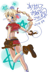Rule 34 | 1girl, bad id, bad pixiv id, bandages, beads, belt, blonde hair, blue eyes, boots, braid, chrono (series), chrono cross, female focus, from behind, gloves, hair ribbon, jewelry, kid (chrono cross), leg lift, long hair, looking back, midriff, multi-tied hair, necklace, ribbon, skirt, solo, star (symbol), tota, translation request, vest