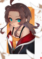 Rule 34 | 1girl, absurdres, ahoge, animal ears, bear ears, blue eyes, blue jacket, brown hair, extra ears, fang, forehead, highres, hololive, jacket, johnny (braun-kan cafe), long hair, looking at viewer, natsuiro matsuri, natsuiro matsuri (gaming casual), off-shoulder shirt, off shoulder, open mouth, orange shirt, parted bangs, shade, shirt, sidelocks, solo, two-sided fabric, two-sided jacket, virtual youtuber