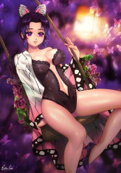 Rule 34 | 1girl, black hair, black leotard, blurry, blurry background, breasts, bug, butterfly, butterfly hair ornament, cleavage, esther shen, gradient hair, hair intakes, hair ornament, haori, high heels, insect, japanese clothes, kimetsu no yaiba, kochou shinobu, leotard, looking at viewer, medium breasts, midriff, multicolored hair, navel, parted lips, pumps, purple background, purple eyes, purple footwear, purple hair, revealing clothes, short hair, signature, sitting, solo, stomach, strapless, strapless leotard
