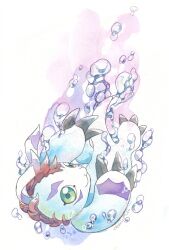 Rule 34 | artist name, bubble, chibicheu, colored skin, digimon, digimon (creature), gomamon, green eyes, highres, mohawk, red hair, solo, tail, underwater, white background, white skin