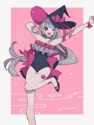 Rule 34 | 1girl, ;d, arm up, bare legs, black footwear, black hat, border, bow, casual one-piece swimsuit, choker, covered navel, flats, frills, grey hair, hat, hat bow, high heels, highres, long hair, looking at viewer, maco22, one-piece swimsuit, one eye closed, open mouth, original, outside border, pink background, pink bow, pink choker, pink ribbon, pink theme, ribbon, smile, solo, standing, standing on one leg, swimsuit, thigh beads, very long hair, white border, witch hat