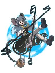 Rule 34 | 1girl, absurdres, animal ear fluff, animal ears, antenna hair, basket, black footwear, black skirt, black vest, breasts, brown eyes, capelet, commentary request, crossover, crystal, dowsing rod, full body, grey capelet, grey hair, highres, holding, jewelry, long sleeves, mc pyth, medium hair, mouse ears, mouse girl, mouse tail, nazrin, open mouth, pendant, prehensile tail, shirt, shoes, skirt, skirt set, small breasts, socks, sweatdrop, tail, touhou, vest, white shirt, white socks