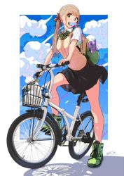 Rule 34 | 1girl, backpack, bag, bicycle, black skirt, blonde hair, blouse, blunt bangs, bow, brown bow, cat, food, hair bow, looking at viewer, mouth hold, nanahime, open mouth, original, platinum blonde hair, popsicle, school uniform, shirt, shoes, short sleeves, skirt, sneakers, solo, sweater vest, teeth, twintails, white shirt