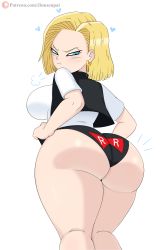 Rule 34 | 1girl, android 18, artist name, ass, black panties, blonde hair, blue eyes, blush, breasts, dragon ball, dragonball z, earrings, heart, highres, huge ass, jacket, jewelry, jinu (jinusenpai), large breasts, looking back, panties, pout, red ribbon army, short hair, short sleeves, sideboob, solo, thick thighs, thighs, underwear, watermark, web address, wedgie, wide hips