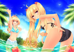 Rule 34 | 2girls, adjusting clothes, adjusting swimsuit, arm up, ass, azure (capriccio), bad id, bad pixiv id, bikini, bikini skirt, bird, blonde hair, blush, breasts, cleavage, day, flower, frilled bikini, frills, hibiscus, highres, long hair, looking at viewer, looking back, md5 mismatch, medium breasts, multiple girls, navel, open mouth, original, red eyes, see-through, short hair, sky, smile, swimsuit, tan, tanline, twintails, wading, water, wet