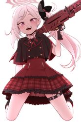 Rule 34 | 1girl, absurdres, blue archive, blush, dress, golmonggu, gun, halo, highres, holding, holding gun, holding weapon, kneeling, long hair, looking at viewer, mutsuki (blue archive), open mouth, pink eyes, red ribbon, ribbon, short sleeves, side ponytail, simple background, smile, solo, teeth, thigh strap, upper teeth only, weapon, white background, white hair