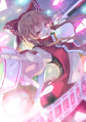 Rule 34 | 1girl, blurry, blurry foreground, bow, brown hair, commentary, depth of field, detached sleeves, foreshortening, hair bow, hakurei reimu, high collar, holding, jacket, light particles, long hair, looking at viewer, medium skirt, midriff peek, navel, ofuda, open mouth, red eyes, red jacket, red skirt, red sleeves, skirt, sleeveless, sleeveless jacket, solo, tendou kaoru, touhou, v-shaped eyes
