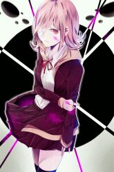Rule 34 | 1girl, arm at side, bandage over one eye, black thighhighs, blazer, blood, blood on clothes, blood on face, blood on hands, blunt bangs, brown jacket, brown skirt, circle, closed mouth, collared shirt, commentary, danganronpa: trigger happy havoc, danganronpa (series), danganronpa 3 (anime), expressionless, from above, hair flaps, hand on own arm, highres, jacket, lapels, long sleeves, looking to the side, miniskirt, multicolored background, nanami chiaki, neck ribbon, notched lapels, open clothes, open jacket, pink blood, pink eyes, pink hair, pleated skirt, pocket, red ribbon, ribbon, sakai 71, school uniform, shirt, skirt, sleeves past wrists, solo, thighhighs, white shirt, wind, wind lift, yellow jacket, zettai ryouiki